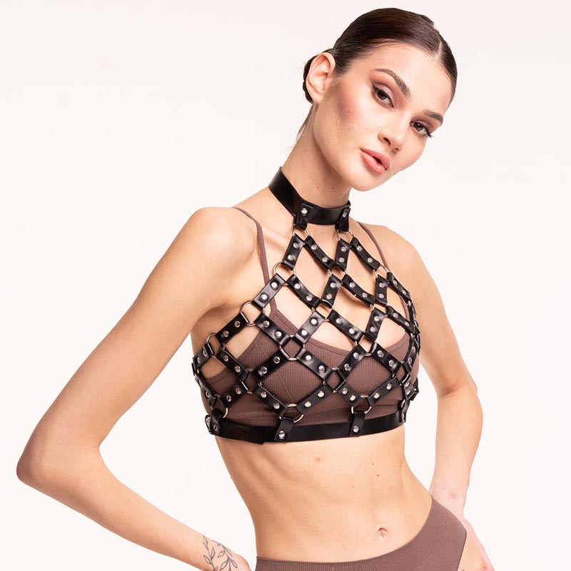 Carla™ - Goth Strap Bra Harness i Svart Syntetläder