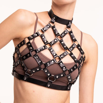 Carla™ - Goth Strap Bra Harness i Svart Syntetläder