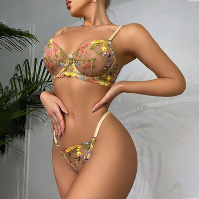 Beate™ - Förförisk Lingerieset med Färgglada Broderade Blommor