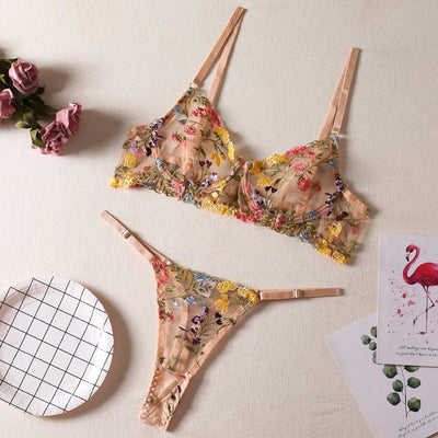 Beate™ - Förförisk Lingerieset med Färgglada Broderade Blommor