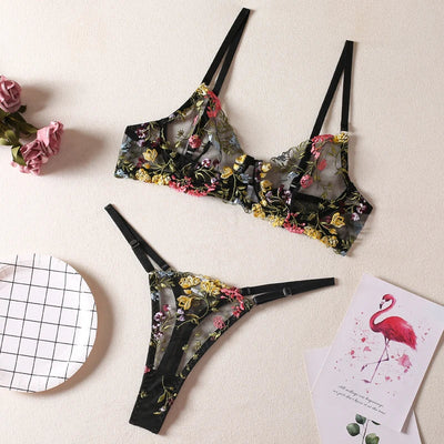 Beate™ - Förförisk Lingerieset med Färgglada Broderade Blommor