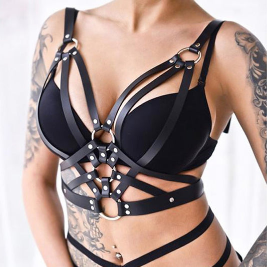 Violeta™ - Harness Bra i Svart Syntetläder